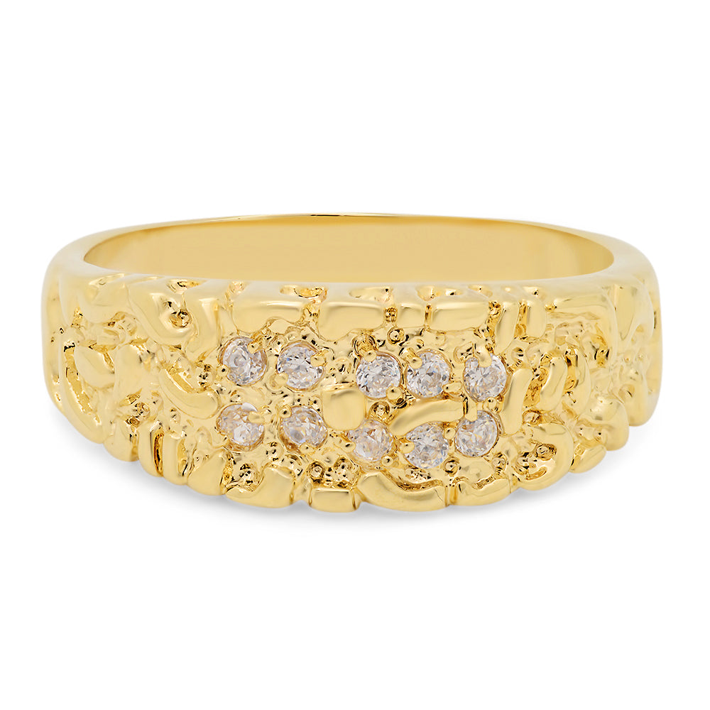 Large & Chunky 14k Gold Plated Nugget Round CZ Ring