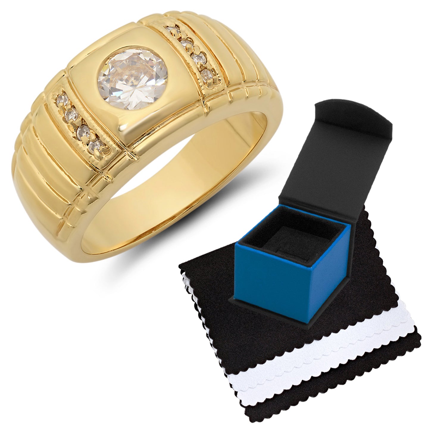 Men's 23mm 14k Yellow Gold Plated Clear Cubic Zirconia Domed Solitaire Ring + Gift Box