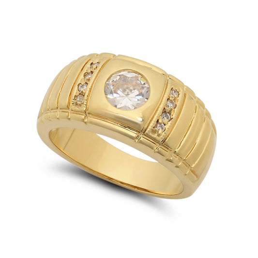 Large 23mm 14k Gold Plated Notched CZ Band w/Round CZ Solitaire Ring + Jewelry Polishing Cloth (SKU: GL-MN40)