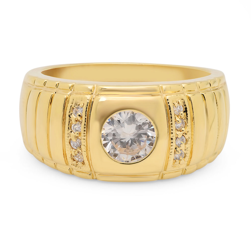 Large 23mm 14k Gold Plated Notched CZ Band w/Round CZ Solitaire Ring