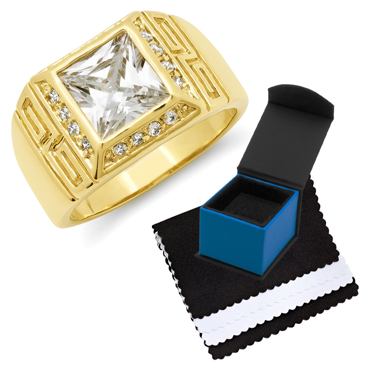 Men's 14mm 14k Yellow Gold Plated Clear Cubic Zirconia Square Pinky Ring + Gift Box