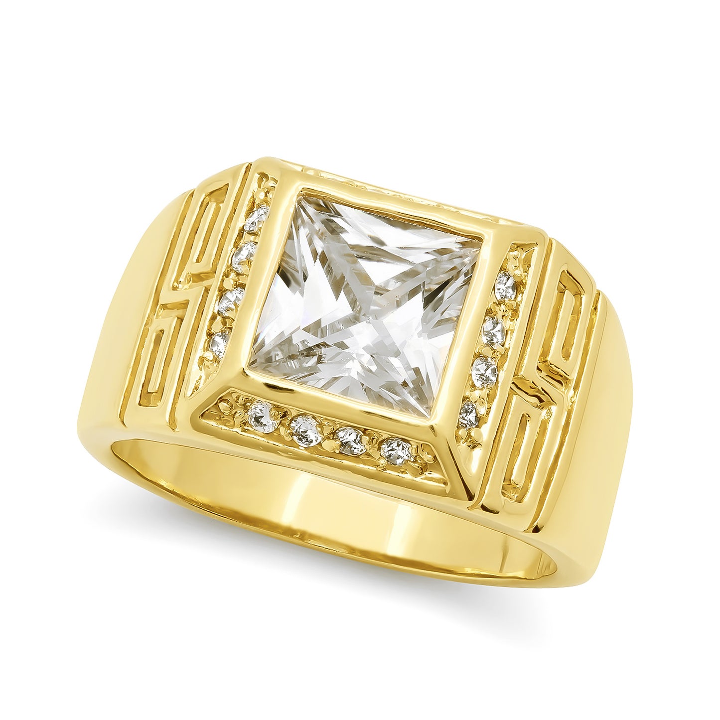 Men's 14mm 14k Yellow Gold Plated Clear Cubic Zirconia Square Pinky Ring + Gift Box