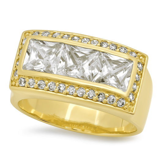 Men's 14k Gold Plated Channel Set Princess Cut Bling Cubic Zirconia Ring, Size 7-12 + Microfiber Cloth