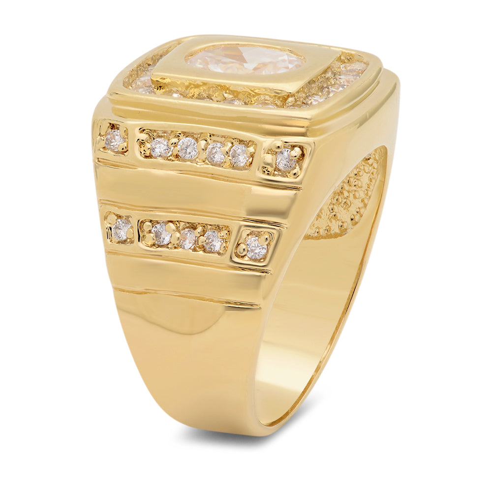 Large 17mm 14k Gold Plated CZ Framed Oval CZ Solitaire Square Top Ring + Jewelry Polishing Cloth (SKU: GL-MN50)