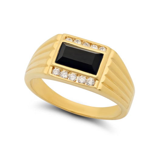 11mm 14k Gold Plated CZ Flanked Baguette-Cut Black Simulated Onyx Ring