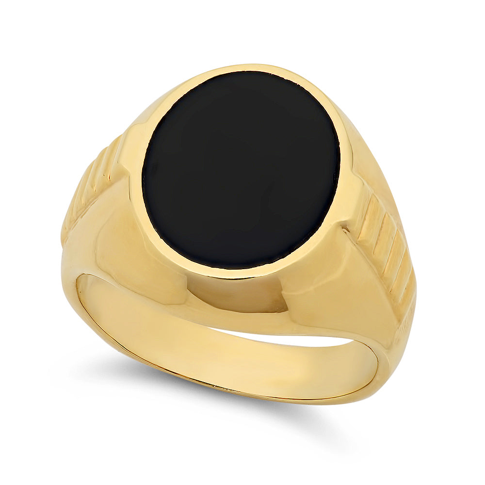 Men’s Large 14k Yellow Gold Plated Black Signet Style Classic Ring (SKU: GL-MN69)