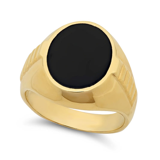 Men’s Large 14k Yellow Gold Plated Black Signet Style Classic Ring