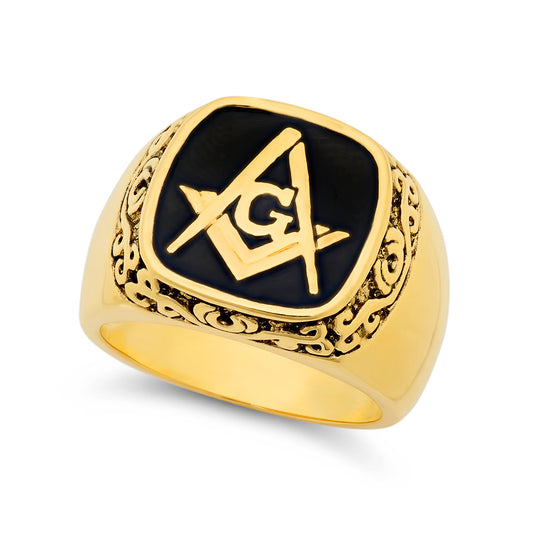 Large 15mm Two-Tone Black & 14k Gold Plated Signet Style Masonic Ring