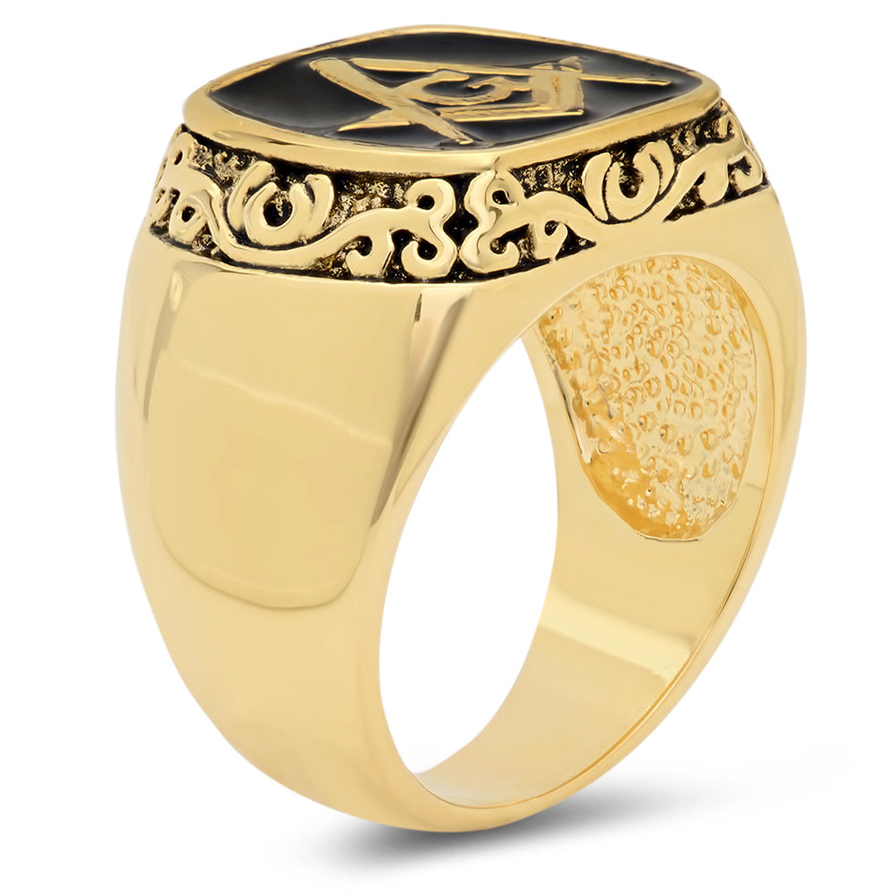 Large 15mm Two-Tone Black & 14k Gold Plated Signet Style Masonic Ring