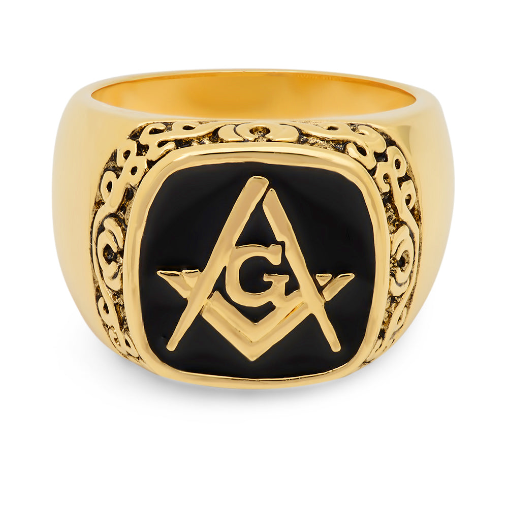 Large 15mm Two-Tone Black & 14k Gold Plated Signet Style Masonic Ring