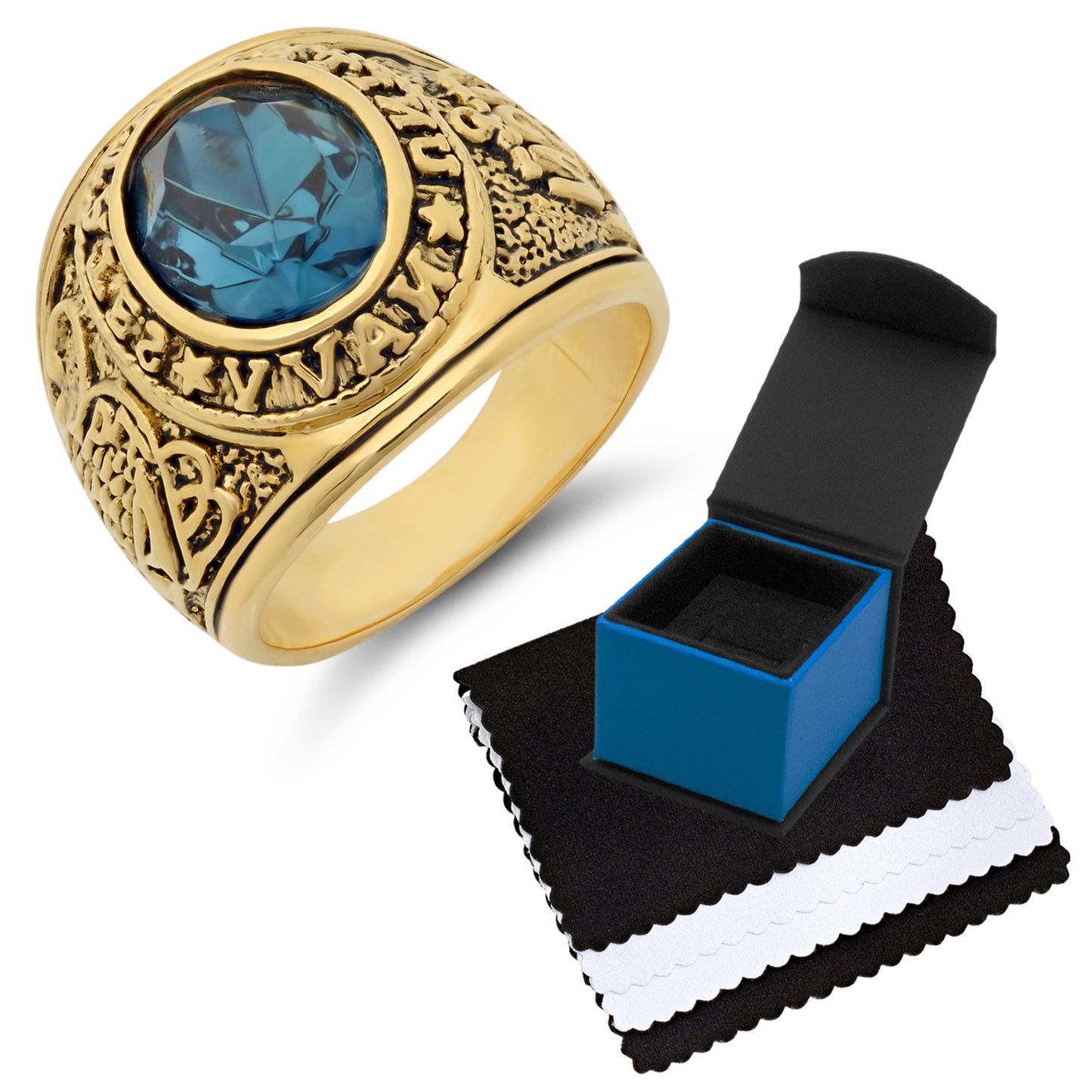 Men's 15mm 14k Yellow Gold Plated Blue Cubic Zirconia Domed Military (US Navy) Ring + Gift Box