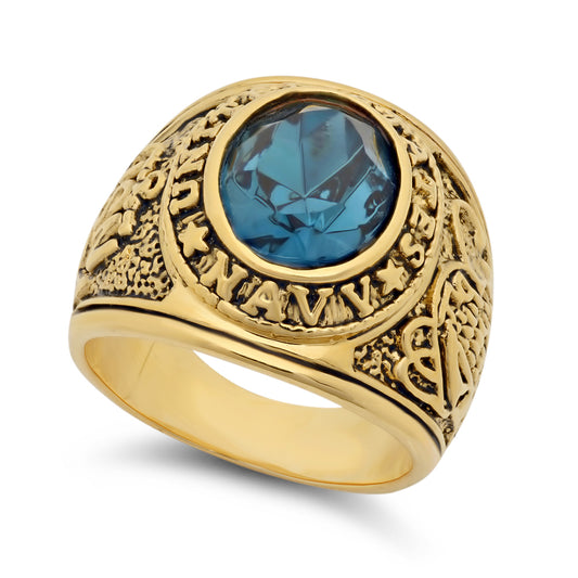 Large 15mm 14k Gold Plated Simulated Aquamarine Blue CZ Military Ring