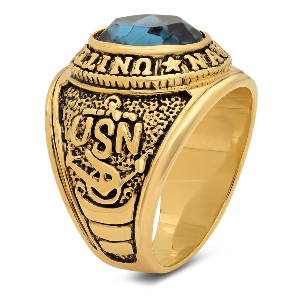 Men's 15mm 14k Yellow Gold Plated Blue Cubic Zirconia Domed Military (US Navy) Ring + Gift Box