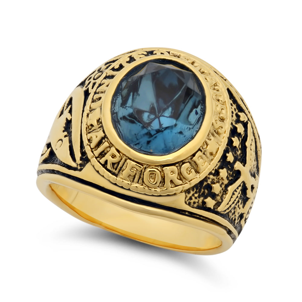 Large 15mm 14k Gold Plated Simulated Sapphire Blue CZ Military Ring + Jewelry Polishing Cloth (SKU: GL-MN92A)