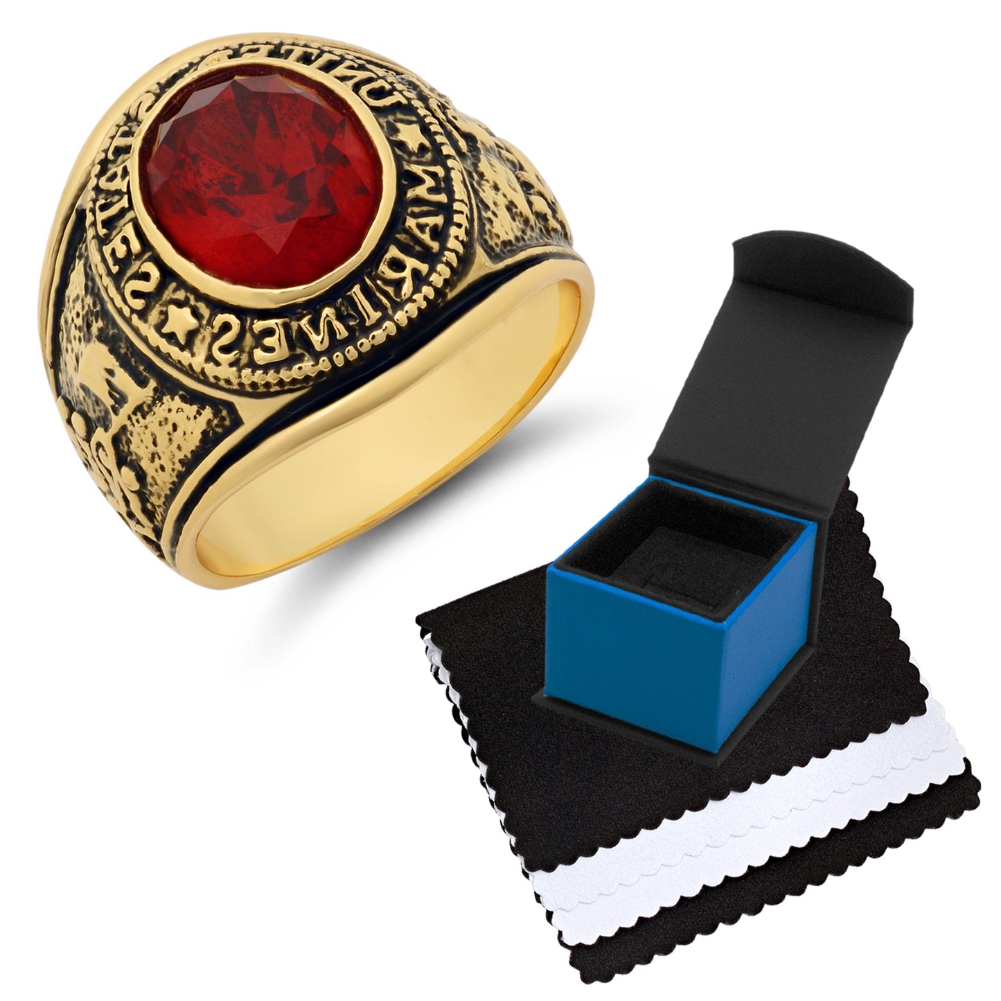 Men's 15mm 14k Yellow Gold Plated Ruby Red Cubic Zirconia Domed Military (Air Force) Ring + Gift Box