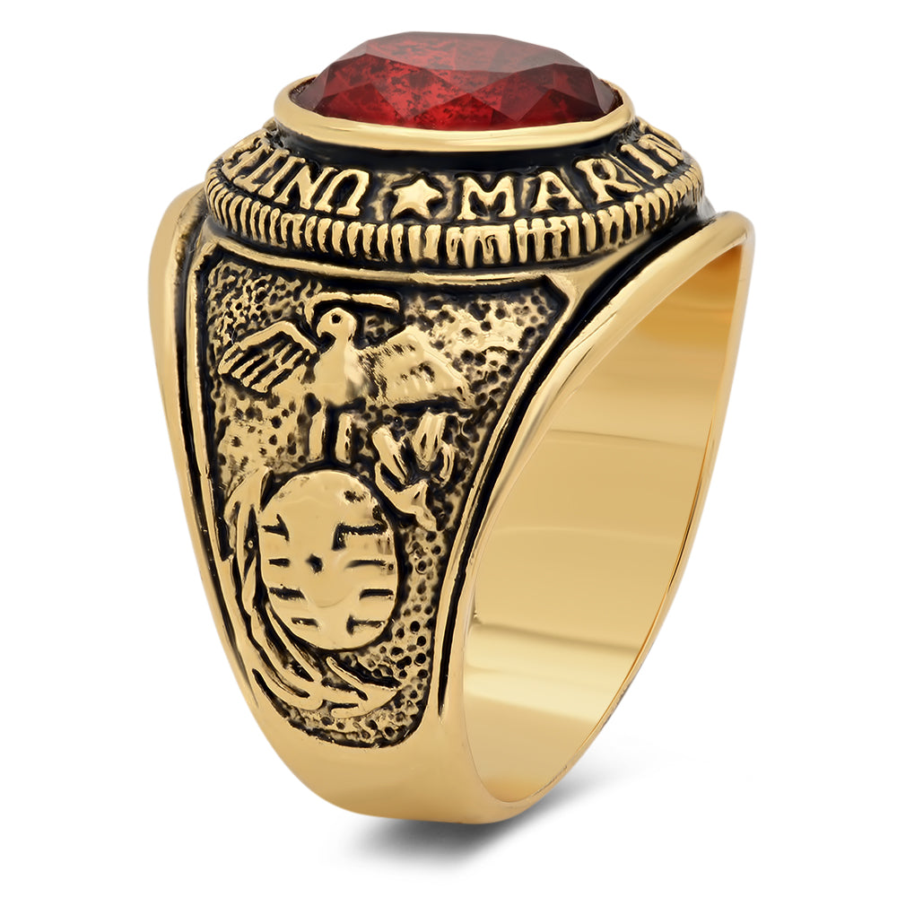 Men's 15mm 14k Yellow Gold Plated Ruby Red Cubic Zirconia Domed Military (Air Force) Ring + Gift Box