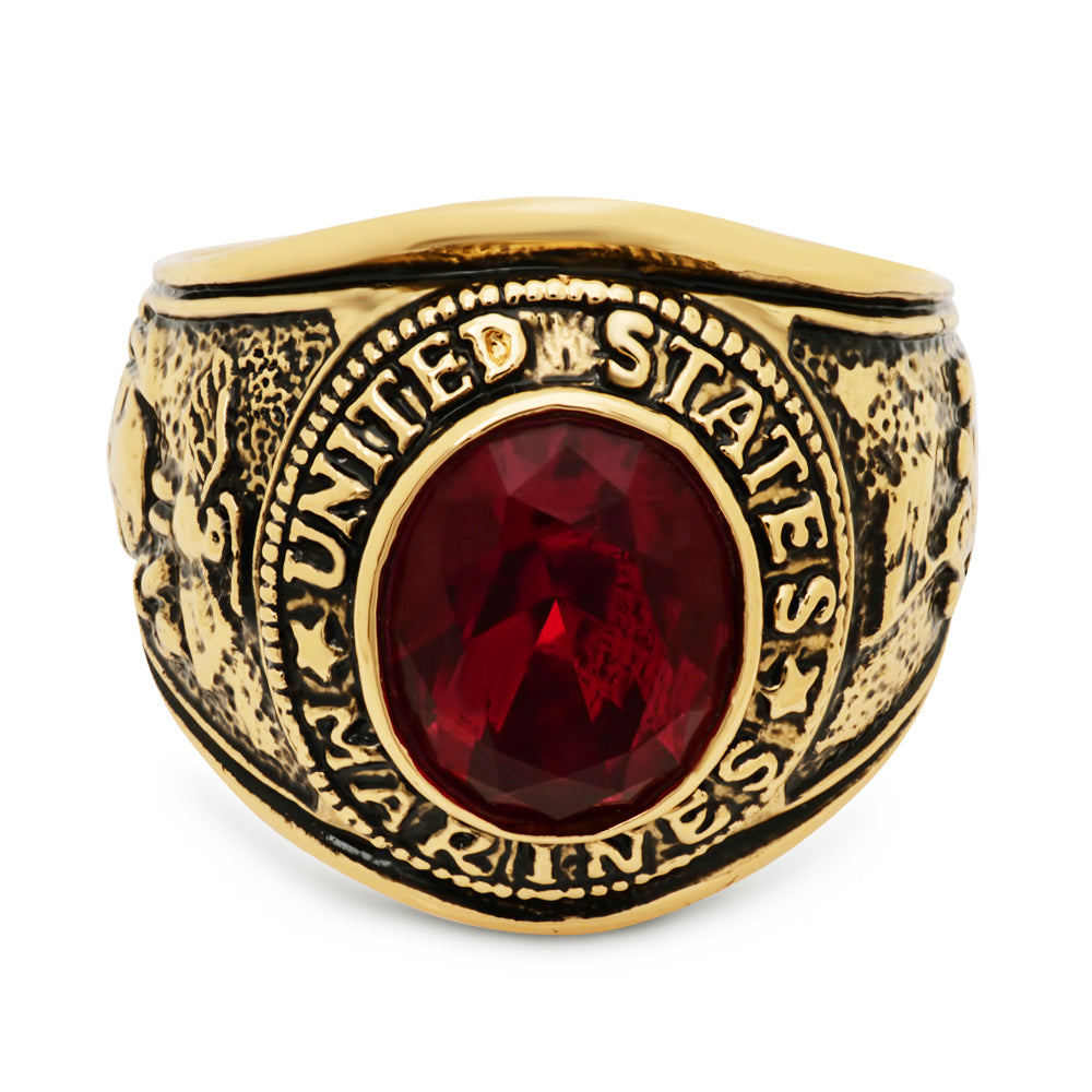 Large 15mm 14k Gold Plated Simulated Ruby Red CZ Military Style Ring