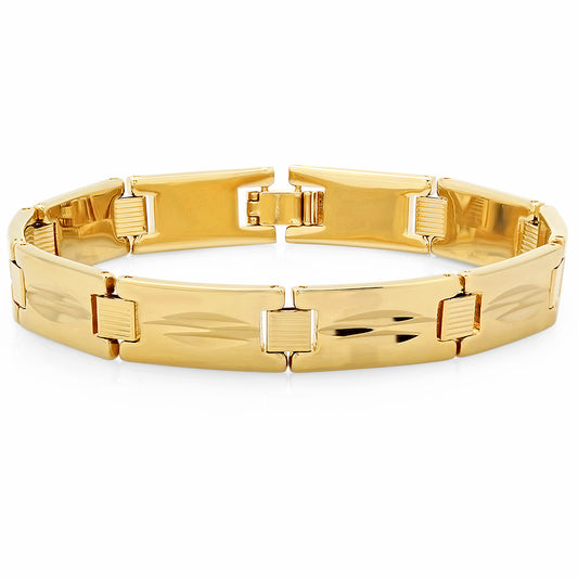 10mm Diamond-Cut 14k Yellow Gold Plated Flat Chain Link Bracelet (SKU: GL-MNB24)