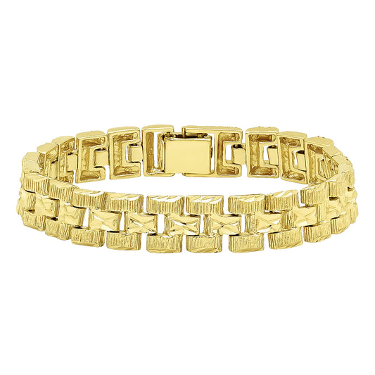 Thick 12.5mm 14k Gold Plated Diamond-Cut 3-Row Panther Link Bracelet