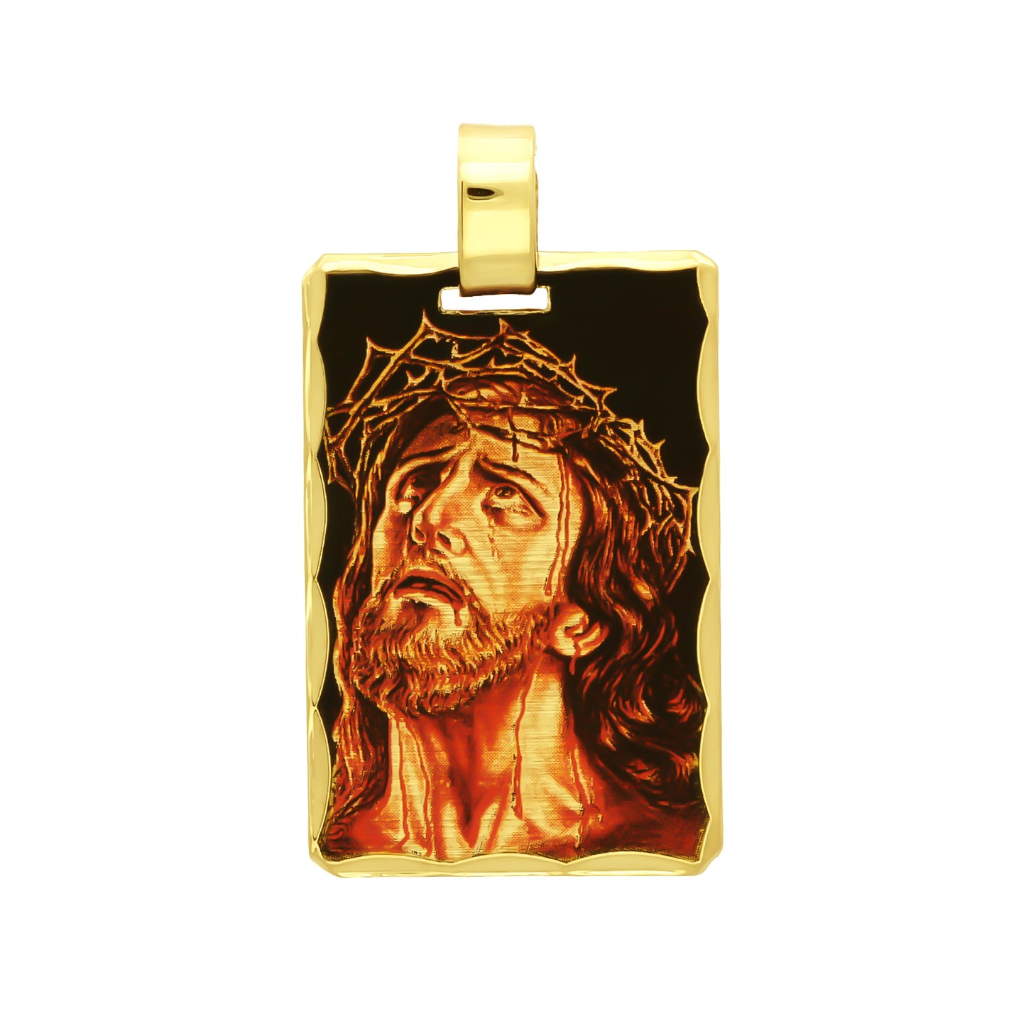 14k Gold Heavy Plated Crown of Thorns Jesus Portrait Pendant + Chain Necklace Choose Style (Rope, Figaro, or Curb) Set