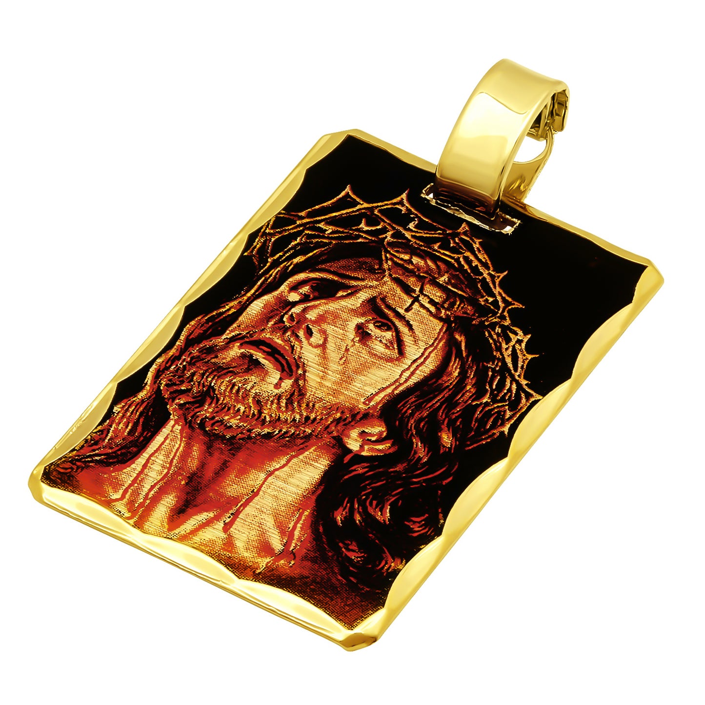 14k Gold Heavy Plated Crown of Thorns Jesus Portrait Pendant + Chain Necklace Choose Style (Rope, Figaro, or Curb) Set