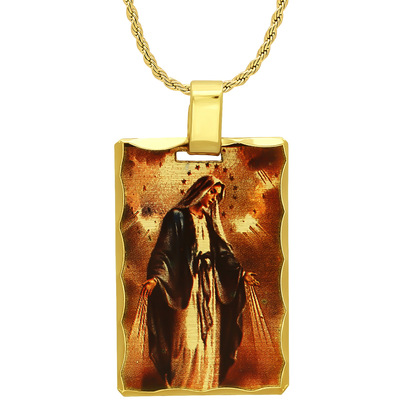 14k Gold Heavy Plated Framed Virgin Mary Full Portrait Pendant + Chain Necklace Choose Style (Rope, Figaro, or Curb) Set