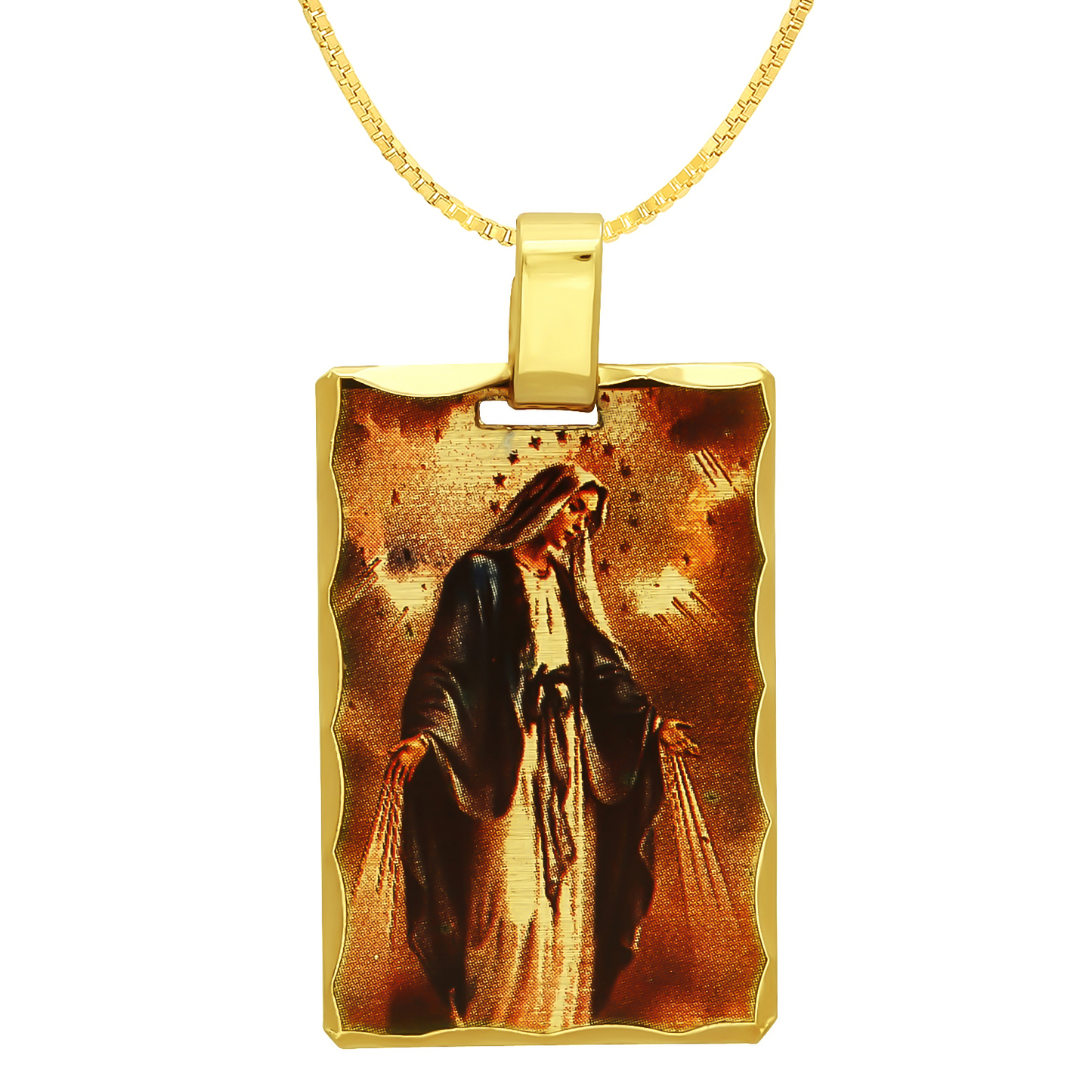 14k Gold Heavy Plated Framed Virgin Mary Full Portrait Pendant + Chain Necklace Choose Style (Rope, Figaro, or Curb) Set