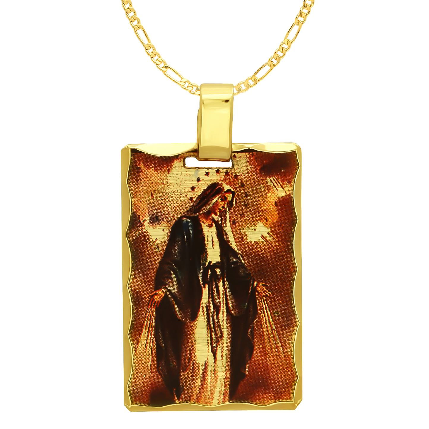 14k Gold Heavy Plated Framed Virgin Mary Full Portrait Pendant + Chain Necklace Choose Style (Rope, Figaro, or Curb) Set