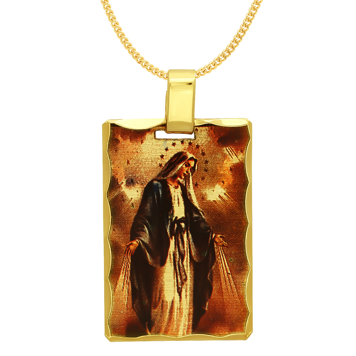 14k Gold Heavy Plated Framed Virgin Mary Full Portrait Pendant + Chain Necklace Choose Style (Rope, Figaro, or Curb) Set