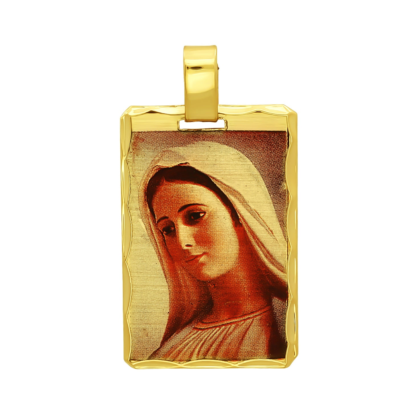 14k Gold Heavy Plated Scallop Framed Virgin Mary Portrait Pendant + Chain Necklace Choose Style (Rope, Figaro, or Curb) Set