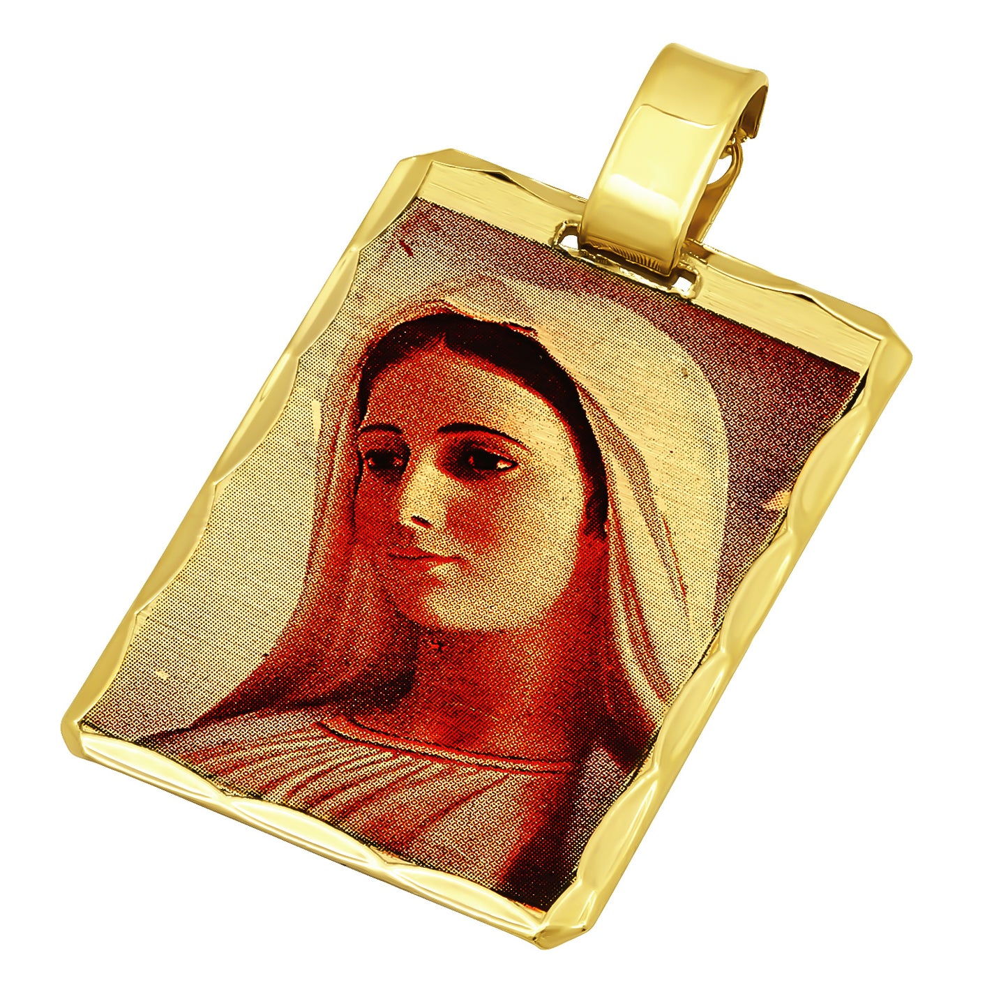 14k Gold Heavy Plated Scallop Framed Virgin Mary Portrait Pendant + Chain Necklace Choose Style (Rope, Figaro, or Curb) Set