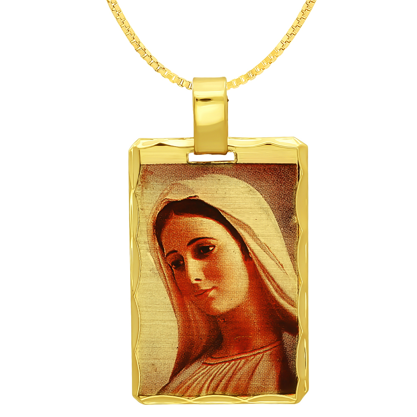 14k Gold Heavy Plated Scallop Framed Virgin Mary Portrait Pendant + Chain Necklace Choose Style (Rope, Figaro, or Curb) Set