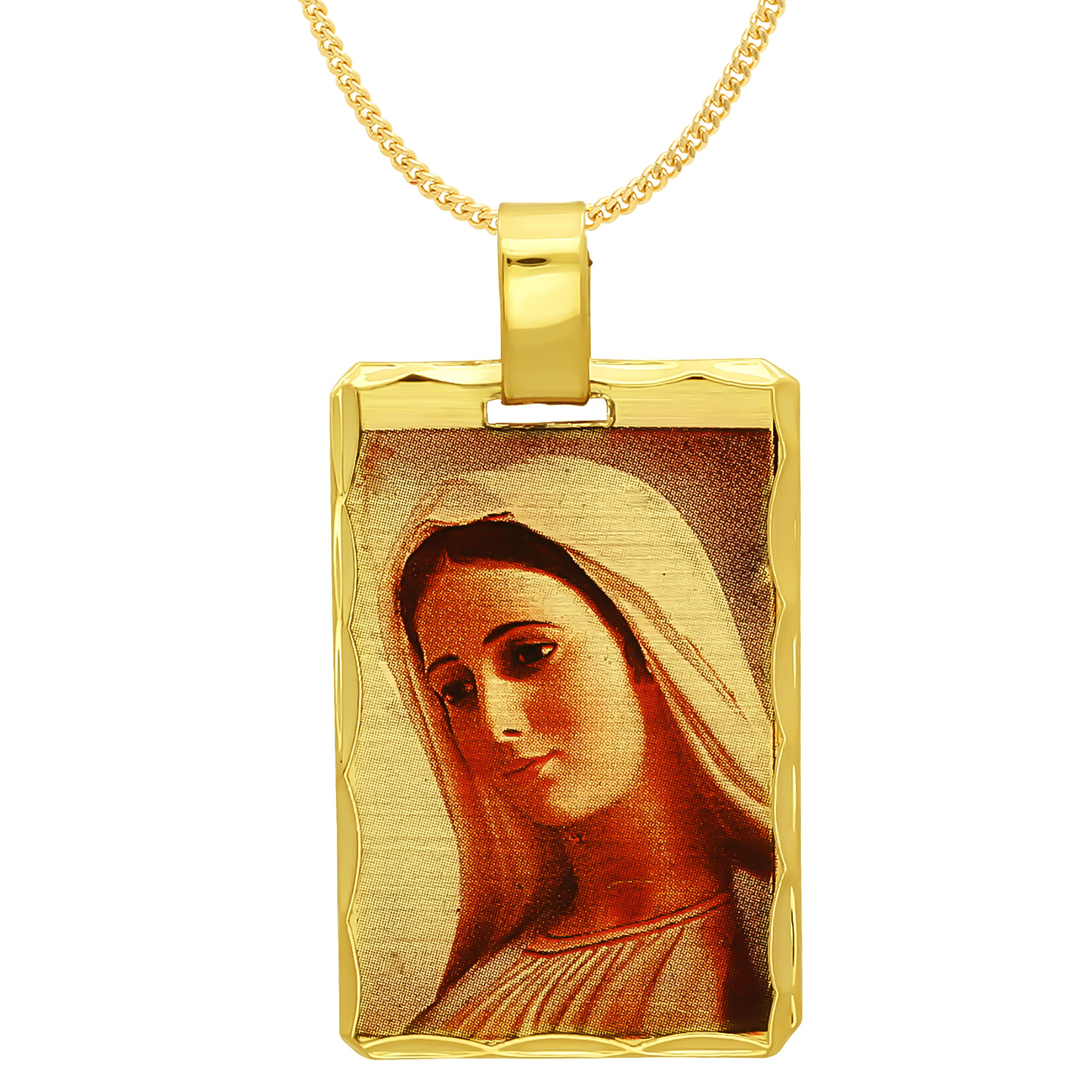 14k Gold Heavy Plated Scallop Framed Virgin Mary Portrait Pendant + Chain Necklace Choose Style (Rope, Figaro, or Curb) Set