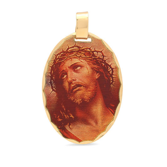 23mm x 30mm Crown of Thorns Jesus Portrait 14k Gold Plated Edge Pendant