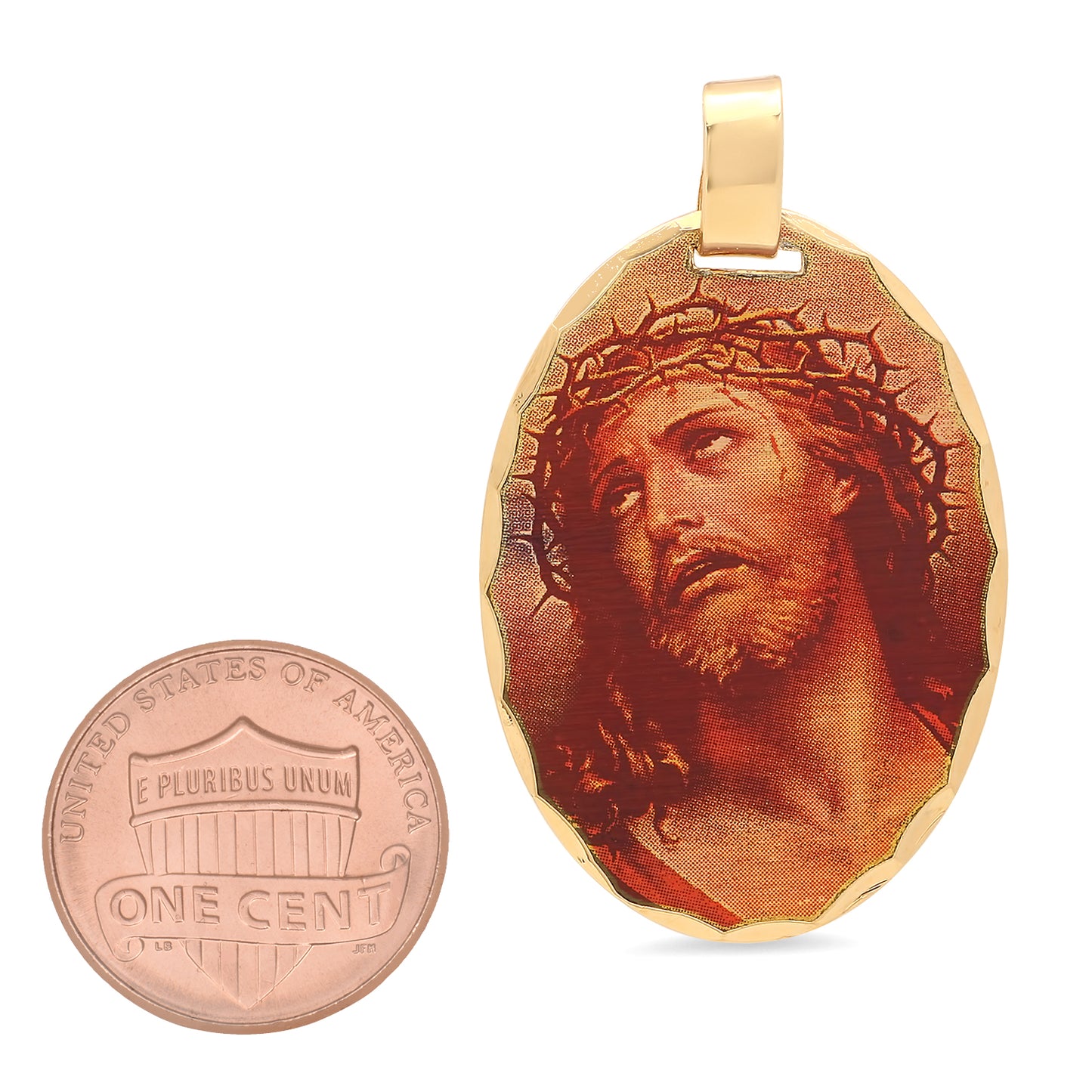 23mm x 30mm Crown of Thorns Jesus Portrait 14k Gold Plated Edge Pendant