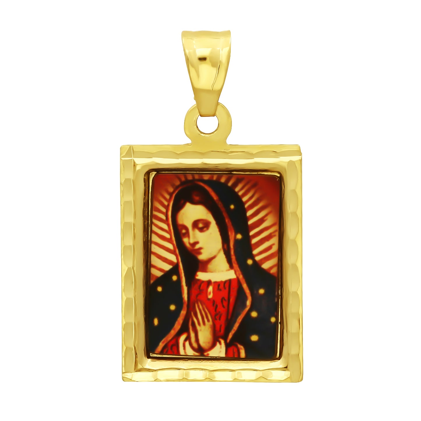 14k Gold Plated Framed Praying Virgin Mary Portrait, 29mm x 22mm (1 ⅛' x ⅞') + Jewelry Cloth & Pouch