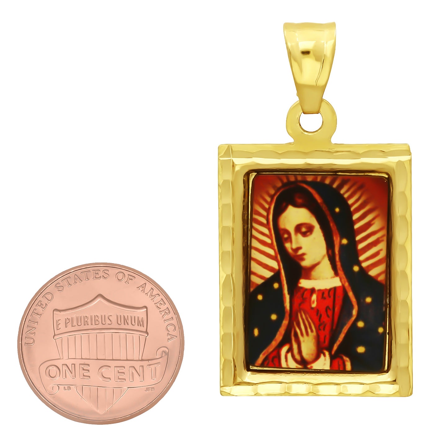 14k Gold Plated Framed Praying Virgin Mary Portrait, 29mm x 22mm (1 ⅛' x ⅞') + Jewelry Cloth & Pouch