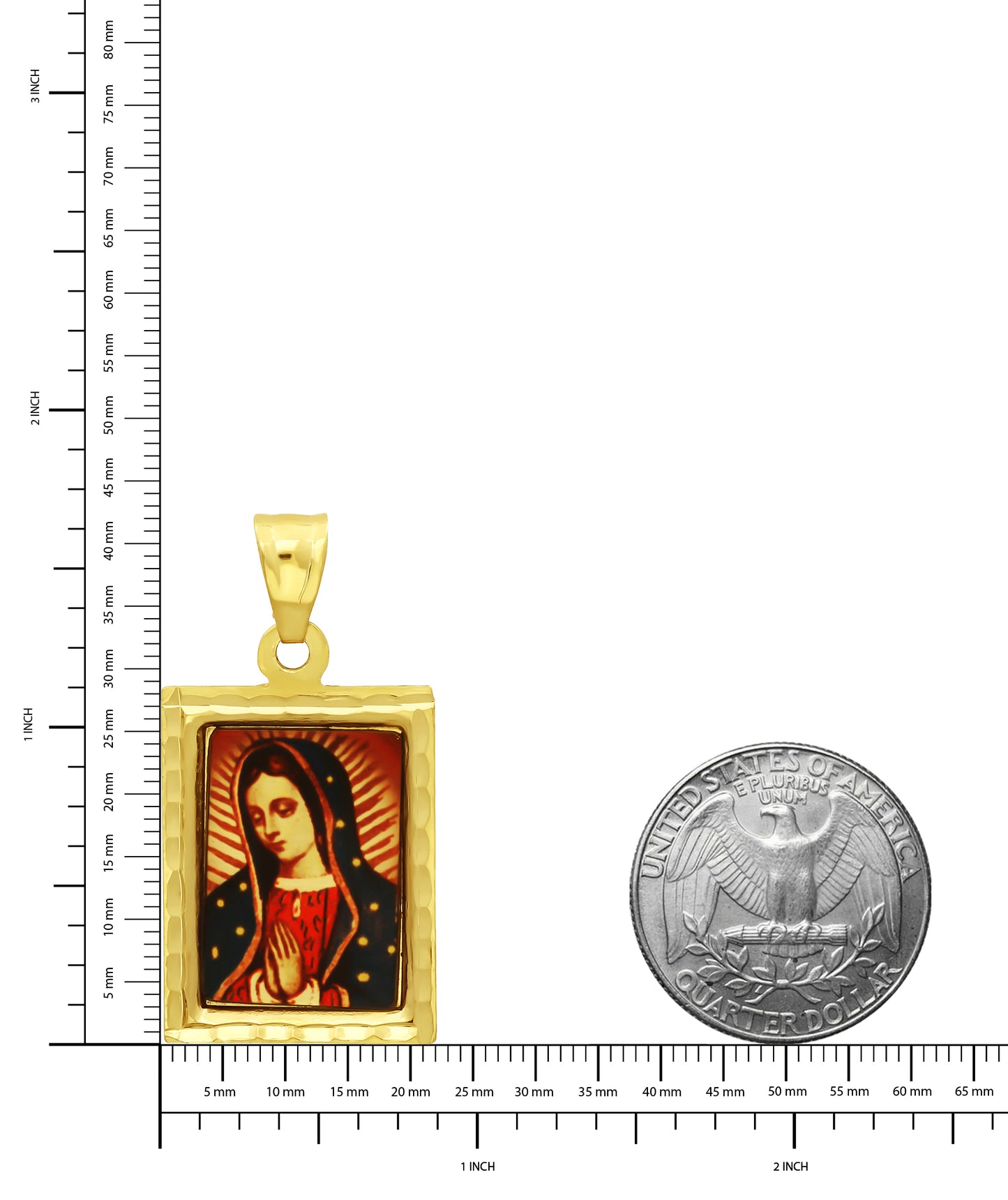 14k Gold Plated Framed Praying Virgin Mary Portrait, 29mm x 22mm (1 ⅛' x ⅞') + Jewelry Cloth & Pouch