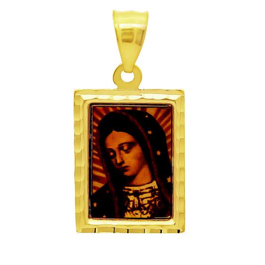 14k Gold Heavy Plated Framed Portrait of Virgin Mary Pendant + Chain Necklace Choose Style (Rope, Figaro, or Curb) Set