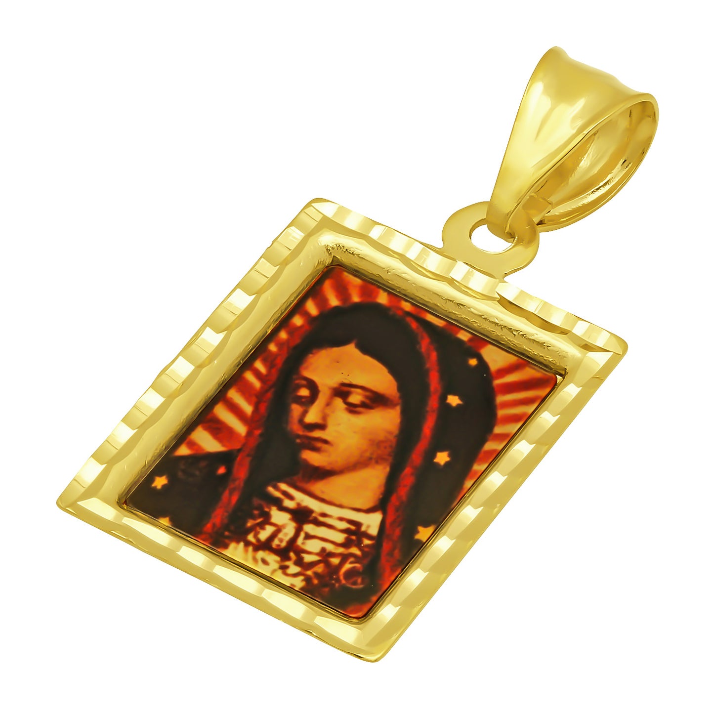 14k Gold Heavy Plated Framed Portrait of Virgin Mary Pendant + Chain Necklace Choose Style (Rope, Figaro, or Curb) Set