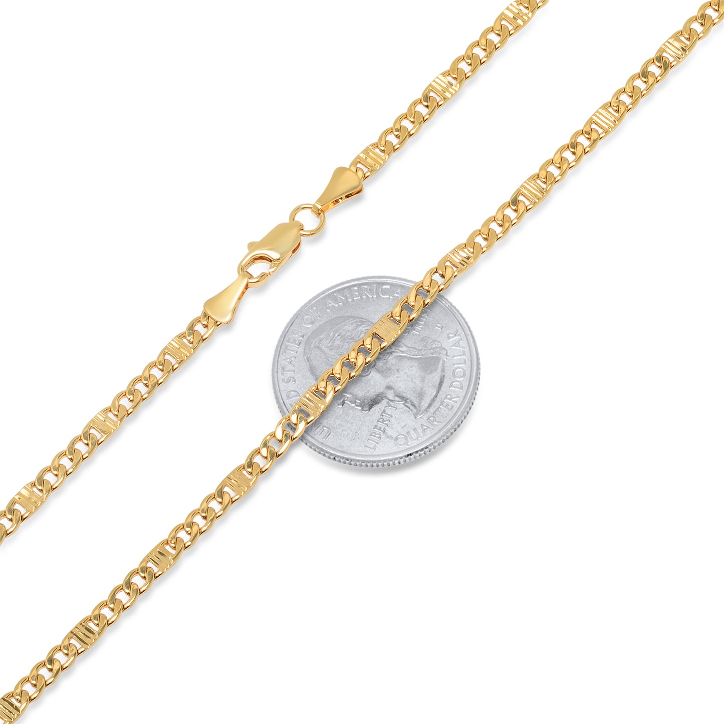 3.3mm 14k Yellow Gold Plated Flat Cuban Link Curb Chain Necklace + Gift Box