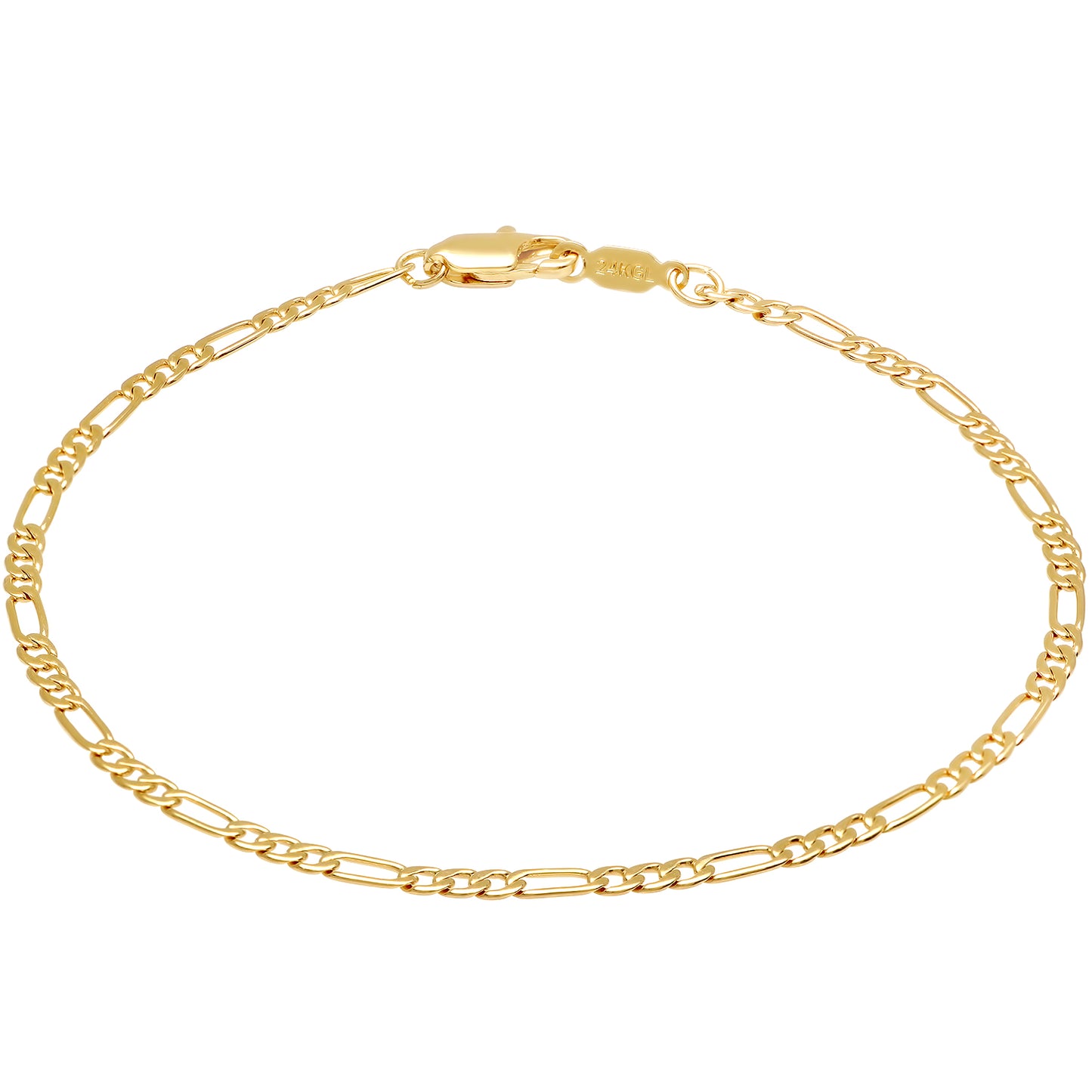 2.4mm 14k Yellow Gold Plated Flat Figaro Chain Link Bracelet