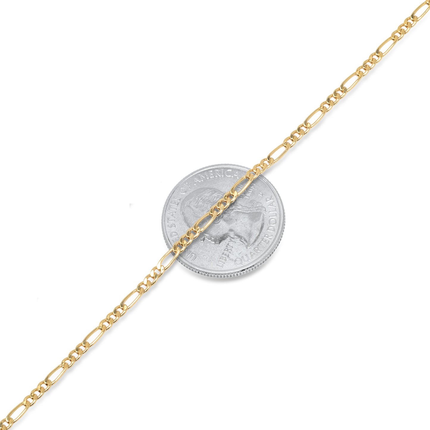 2.4mm 14k Yellow Gold Plated Flat Figaro Chain Link Bracelet