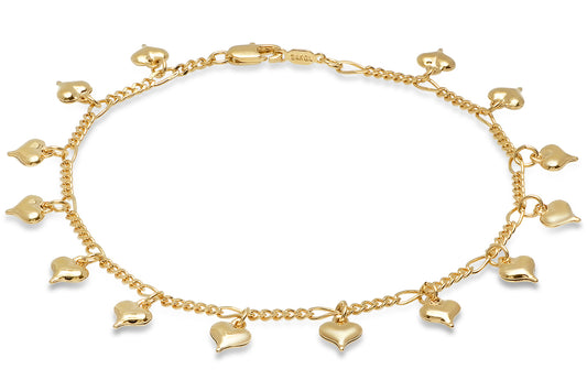 2.6mm 14k Yellow Gold Plated Cable Heart Charm Anklet, 10 inches