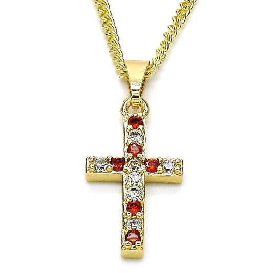 12.3mm Polished 14k Yellow Gold Plated Red Cubic Zirconia Curb Pendant + Necklace, 21.5