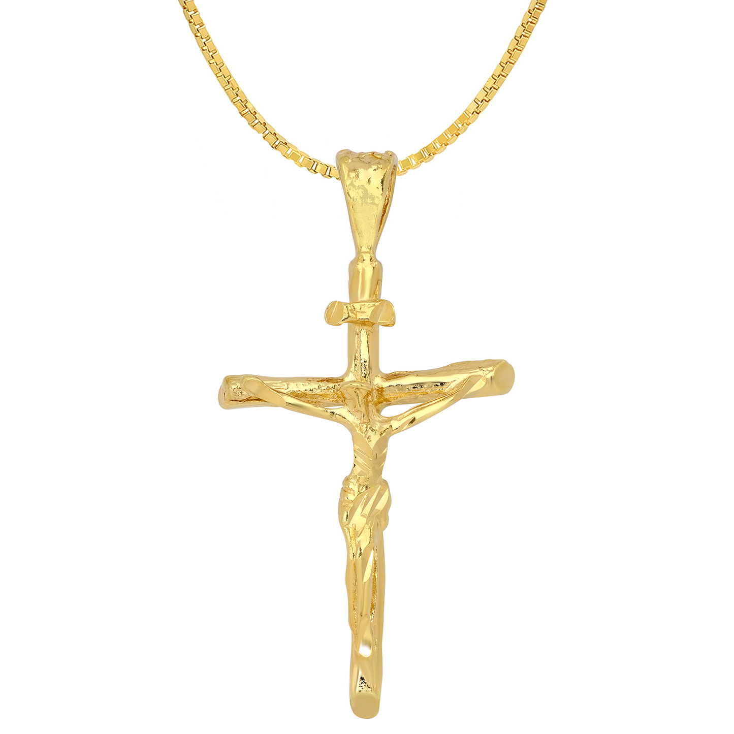 14K Gold Heavy Plated 3-Dimensional Crucifix Pendant + Chain Necklace Choose Style (Rope, Figaro, or Curb) Set