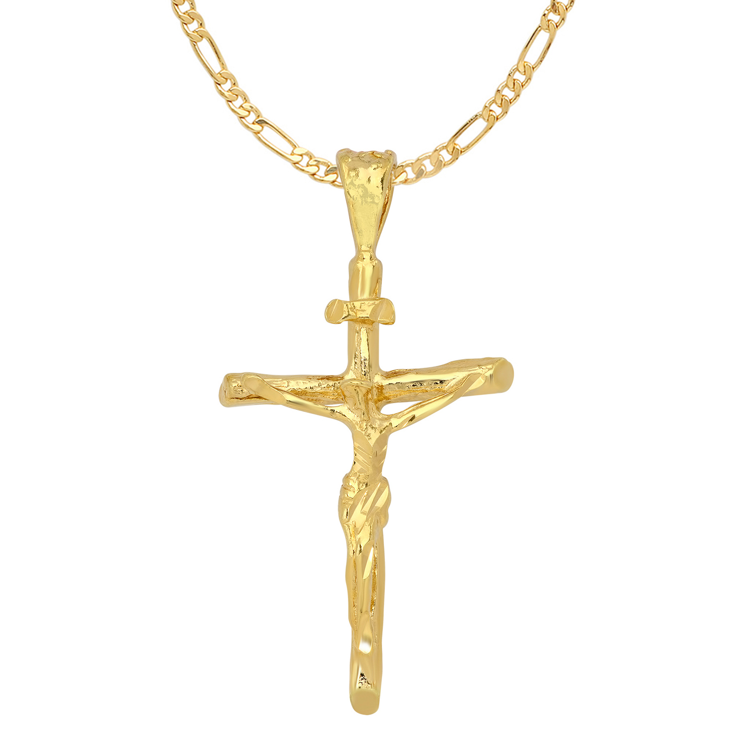 14K Gold Heavy Plated 3-Dimensional Crucifix Pendant + Chain Necklace Choose Style (Rope, Figaro, or Curb) Set