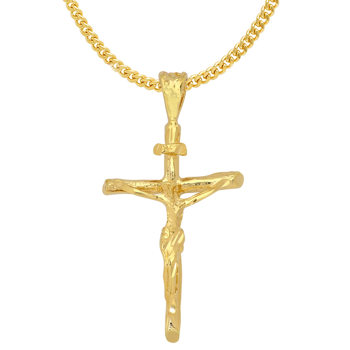 14K Gold Heavy Plated 3-Dimensional Crucifix Pendant + Chain Necklace Choose Style (Rope, Figaro, or Curb) Set