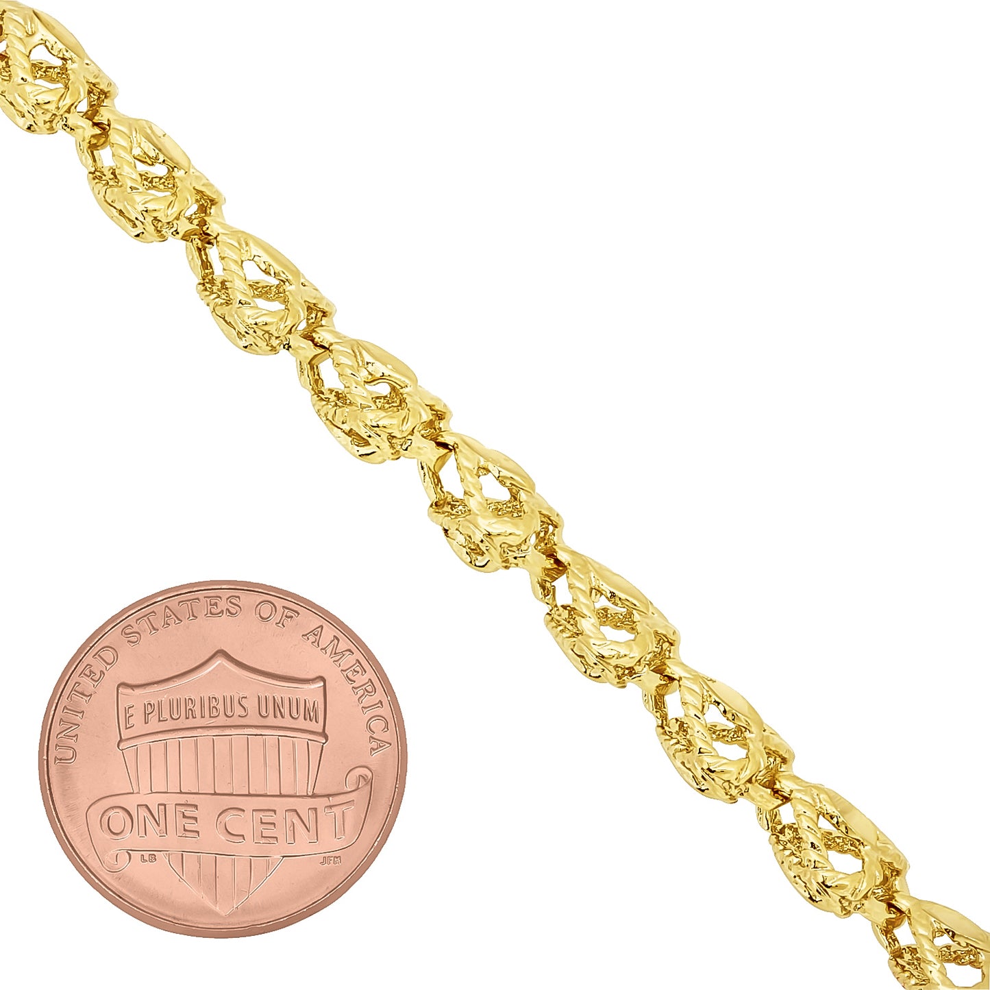 7mm Textured 14k Yellow Gold Plated Heart Link Heart Chain Link Bracelet (SKU: GL-RM12B)
