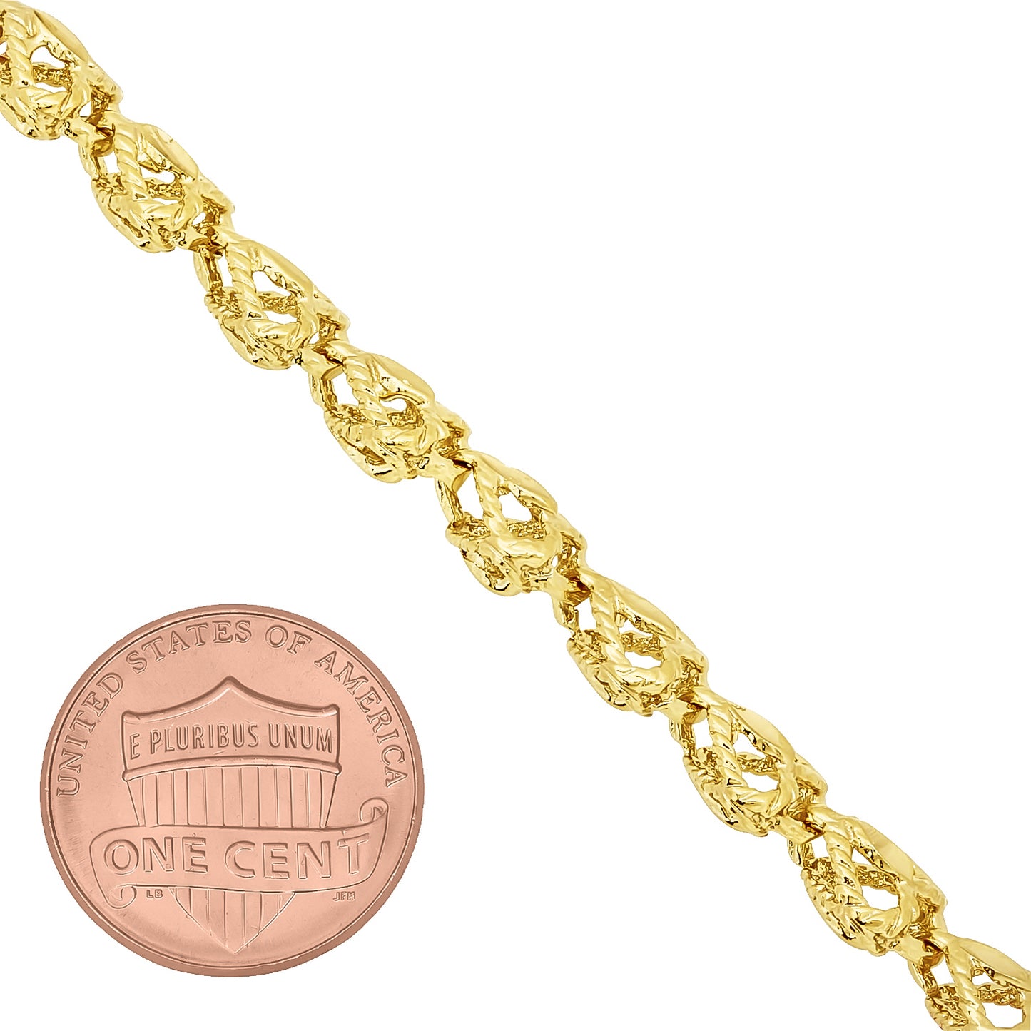 7mm Textured 14k Yellow Gold Plated Heart Link Heart Chain Link Bracelet